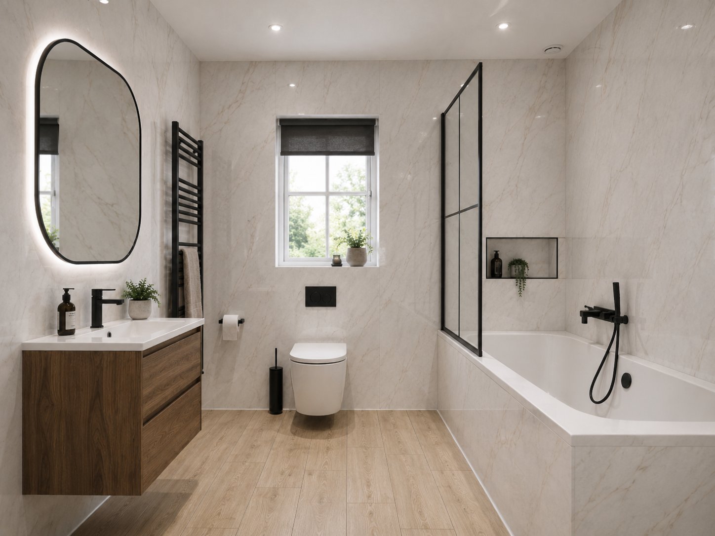 Luxury panelled bathroom with bath and matt-black fittings