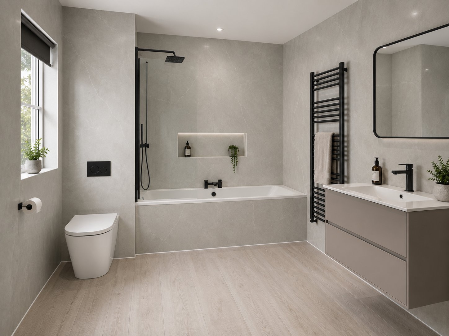 Panelled bathroom with marble-effect walls and walk-in shower